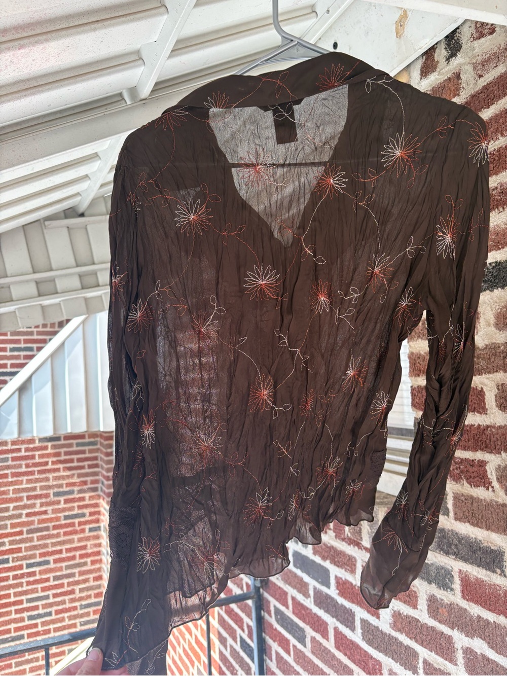 New York & Company Brown Ruffle Sheer Floral Blouse - Picture 5 of 6